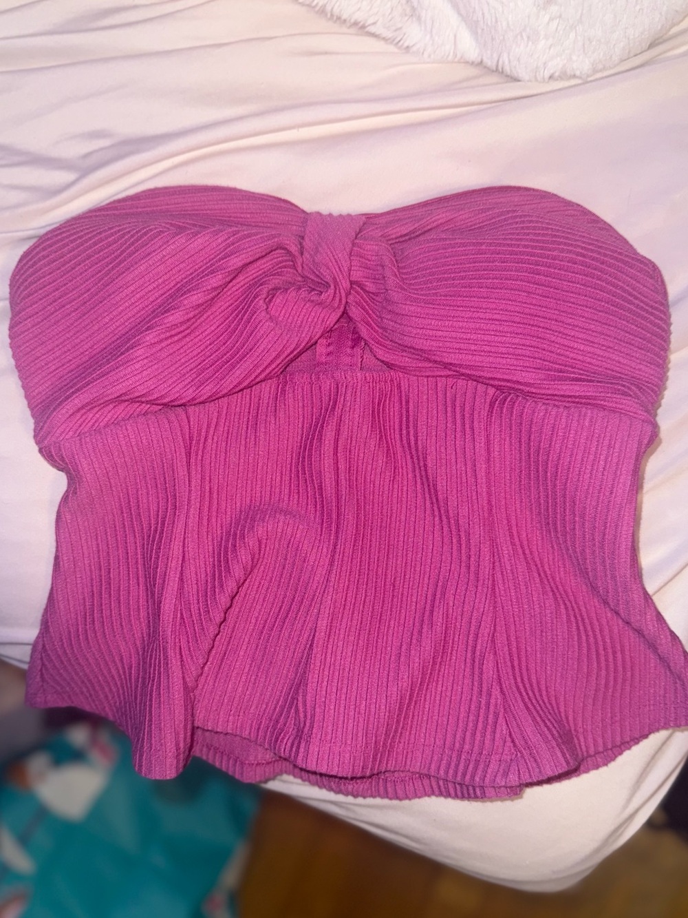 Francesca’s Strapless Ribbed Pink Twist-Front Peplum Tube Top